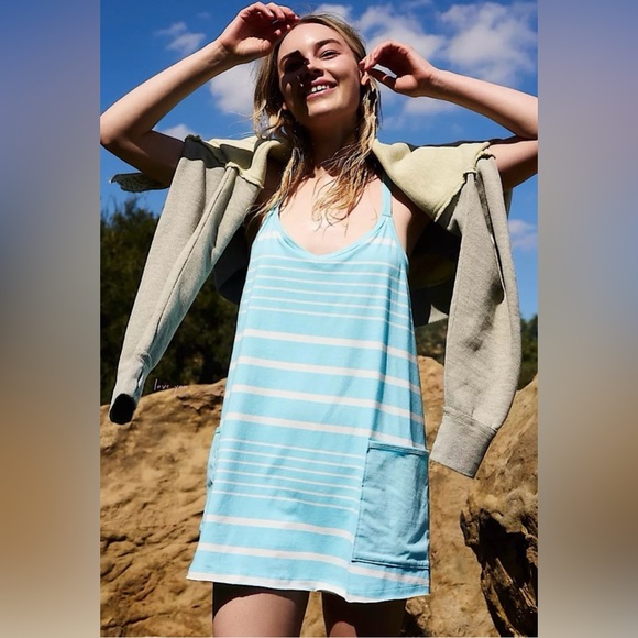 NWOT Free People Movement S Hot Shot Mini Dress Shorts in Spring Stripe Blue - Picture 1 of 7